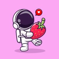 Cute Astronaut Bring Strawberries Fruit Cartoon Vector Icon Illustration. Science Food Icon Concept Isolated Premium Vector. Flat Cartoon Style