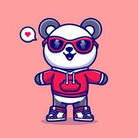 Cute Panda Wearing Hoodie And Glasses Cartoon Vector Icon Illustration. Animal Fashion Icon Concept Isolated Premium Vector. Flat Cartoon Style