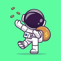 Cute Astronaut Bring Money Bag With Gold Coin Cartoon Vector IconIllustration. Science Finance Icon Concept Isolated  Premium Vector. Flat Cartoon Style