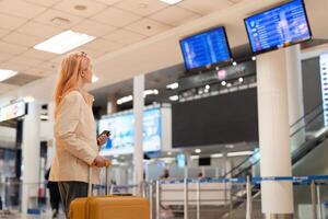 Digital monitor in an airport to check the gate and time to board the plane to travel work abroad photo