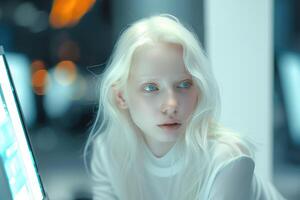 AI generated Portrait of a beautiful albino young woman sitting at a table in front of a computer photo