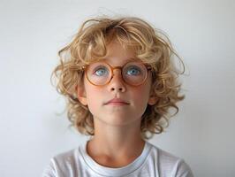 AI generated cute curly boy child wearing eyeglasses on a light background photo
