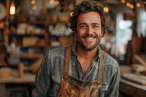 AI generated Portrait of a smiling young craftsman in apron at the workshop photo