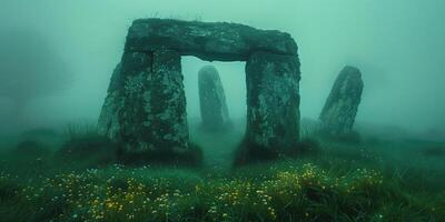 ai generado antiguo megalítico cromlech en un escarchado Mañana foto