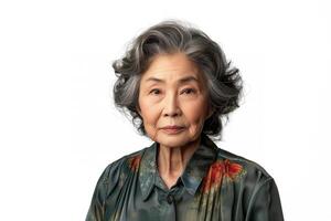 ai generado retrato de mayor asiático mujer en un sólido gris antecedentes foto