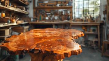 AI generated newly made designer table with burl wood top in a carpentry workshop photo