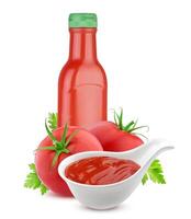 Tomato ketchup bottle and fresh tomatoes photo