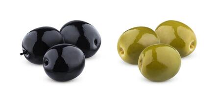 Three green and black olives isolated on white background with clipping path photo