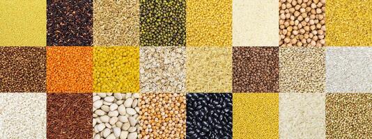 Collection of different cereals, grains, rice and beans backgrounds. photo