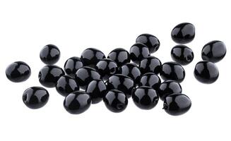 Heap of black olives isolated on white background with clipping path. Top view photo