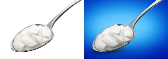 Spoon of sour cream isolated on white and blue backgrounds photo
