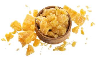 Parmesan cheese in bowl isolated on white background with clipping path, top view photo