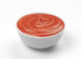 Ketchup in white bowl isolated. Tomato sauce. photo