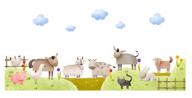 animales caminar en el césped entre el flores mano dibujado paisaje ilustración en aislado antecedentes. linda para niños dibujado a mano composición para decoración, tarjetas y invitaciones vector