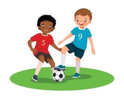 Happy kids playing soccer football together in the field vector