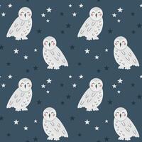 Seamless pattern with cute hand draw white polar owl and stars on dark blue background. Design for printing, textile, fabric. Vector illustration