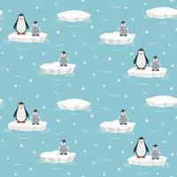 Seamless pattern with cute cartoon hand draw baby penguin on ice floe on blue background. Design for printing, textile, fabric. Vector illustration