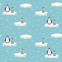 Seamless pattern with cute cartoon hand draw baby penguin on ice floe on blue background. Design for printing, textile, fabric. Vector illustration