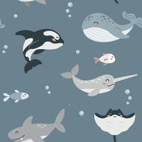 Seamless pattern with cute cartoon sea animal on dark blue background. Killer whale, narwhal, shark, stingray. Design for printing, textile, fabric. Vector illustration