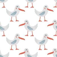 Seamless pattern with cute cartoon seagulls on white background. Sea bird. Design for printing, textile, fabric. Vector illustration