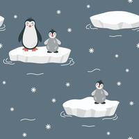 Seamless pattern with cute cartoon hand draw baby penguin on ice floe on dark blue background. Arctic animal. Design for printing, textile, fabric. Vector illustration