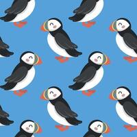 Seamless pattern with cute hand draw cartoon puffin on blue background. Design for printing, textile, fabric. Vector illustration