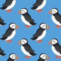 Seamless pattern with cute hand draw cartoon puffin on blue background. Design for printing, textile, fabric. Vector illustration