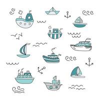 Set of Ships in doodle style. Vector illustration.