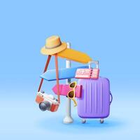 3d Airline Ticket, Travel Bag, Photo Camera and Pointer. Render Paper Ticket with Plane Icon, Suitcase and Straw Hat. Travel Element. Holiday or Vacation. Transportation Document. Vector Illustration