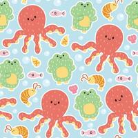 Seamless pattern of cute octopus frog shirmp and fish background.Soft hair style.Sea life and reptile animal cartoon character design.Summer.Beach.Marine.Kawaii.Vector.Illustration. vector