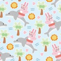 Seamless pattern of cute rabbit soft hair on dolphin in summer concept.Coconut tree vector