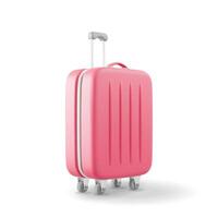 3D Red Travel Suitcase Isolated on White. Render Plastic Bag. Travel or Journey Concept. Plastic Case. Trolley on Wheels. Travel Baggage and Luggage. Realistic Vector Illustration