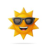 3D Sun Emoji Icon Isolated on White. Render Weather Sun Symbol. Sunlight Emoticon Yellow Cute Sunshine in Sunglasses. Weather, Climate Forecast. Concept of Summer Vacations. Face Vector Illustration