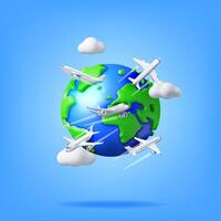 3D Airplane in Clouds and Globe Isolated. Render World Travelling by Plane. World Map with Aircraft. Time to Travel Concept, Holiday Planning. Tourist Worldwide Transportation. Vector Illustration