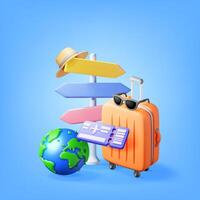 3d Airline Ticket, Travel Bag, Globe and Pointer. Render Paper Ticket with Plane Icon, Suitcase and Planet Earth. Travel Element. Holiday or Vacation. Transportation Document. Vector Illustration