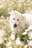 Daisies white dog Maremma Sheepdog in a wreath of daisies sits on a green lawn with wild flowers daisies, walks a pet. Cute photo with a dog in a wreath of daisies.