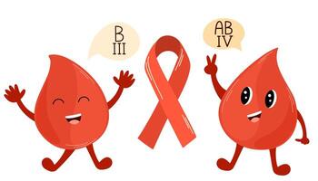 Blood donor, cute blood drops and red ribbon. Donate Blood, Health Care Concept. Hand drawn Vector illustrations.