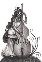 Sugar skull playing double bass day of the dead design by hand drawing on paper. vector