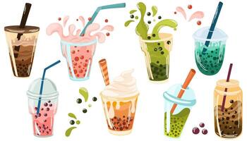 Bubble Milk Tea set. Milk tea with tapioca pearls. Boba tea. Asian Taiwanese drink. Hand drawn colored trendy vector illustration