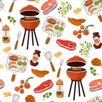 Seamless pattern with food for BBQ party. Repeatable texture with barbecue grill, roasted meat and tools on white background. American barbeque backdrop for wrapping. Colored flat vector illustration