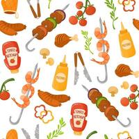 Seamless BBQ pattern with barbecue grilled food on white background. Endless repeating texture with barbeque kebab, meat, shrimp, sauces and vegetables. Colored flat vector illustration for printing