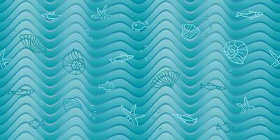 Seamless blue pattern with simple fishes and waves. Vector marine background with doodle elements.