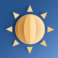 Paper cut sun on blue sky background. Forecast yellow sunshine icon symbol. 3D Papercraft frame icon for posters and flyers, presentation, web, social media, design, banner, forecast and sticker. vector