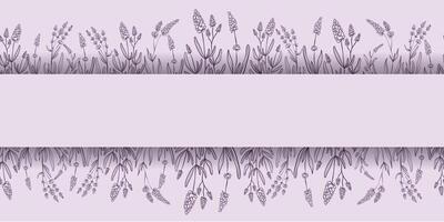 Seamless horizontal pattern with drawn flowers of lavender. Perfect for wallpaper, wrapping paper, textile products, print, web sites, background, social media, blog, presentation and greeting cards. vector