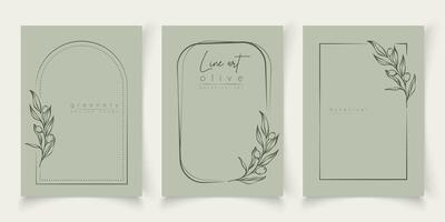 Botanical line art illustration set of olive leaves, branch frames for wedding invitation and cards, logo design, web, social media and posters template. Elegant minimal style floral vector isolated