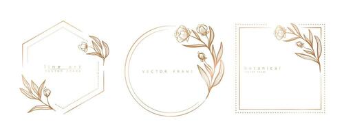 conjunto de floral marco plantillas en mínimo lineal estilo con mano dibujado ramas y hojas. elegante marco. botánico vector ilustración para etiquetas, corporativo identidad, Boda invitación, logo