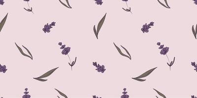 Seamless pattern with hand drawn flowers of lavender. Perfect for wallpaper, wrapping paper, textile products, print, web sites, background, social media, blog, presentation and greeting cards. vector