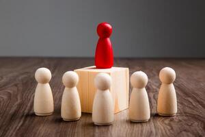 Wooden people figures on top of wooden blocks. Career growth, development and leadership photo