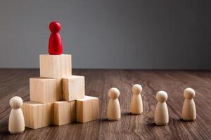 Wooden people figures on top of wooden blocks. Career growth, development and leadership photo