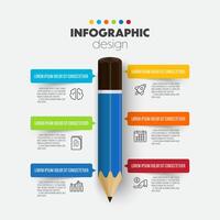 Vector colorful infographic design pencil and label elements including charts, icons, and business concept charts with 6 options.